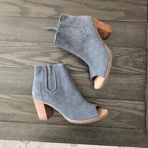 TOMS Grey Suede Laser-Cut Peep-Toe Block Heel Booties